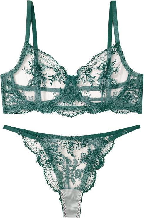 FEOYA Sexy Lingerie Set for Women Underwire Push Up Floral Lace Bra and Panty Embroidered Mesh Sheer Bralette Thong Underwear XL