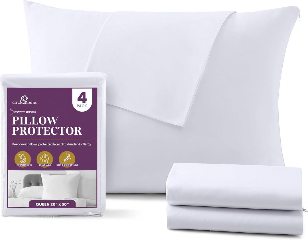 CirclesHome Pillow Protectors 4 Pack Queen Zippered - 100% Cotton Breathable Pillowcases - Protects Pillows from Dirt, Dust and Debris (Queen- Set of 4 - 20x30)