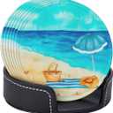 Summer Beach Leather Drink Coasters Set of 6 with Holder Ocean Scene Print Round Cup Coaster for Table Decor