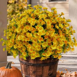 Fake Flowers Yellow Fall Flowers for Outdoors - 8 Bundles Artificial Mums UV Resistant for Home Garden Window Fall Decor