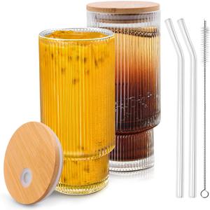Glass Cups with Lids and Straws Set of 2, 16 oz Non-Slip Glasses Drinking Cups with Leak-Proof Lids, Ideal for Cocktail, Whiskey,Iced Tea(2PACK)
