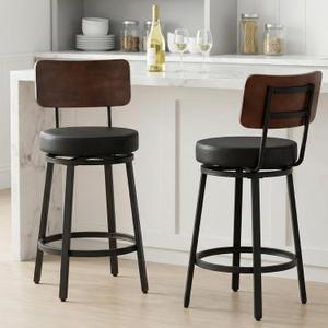 Counter Height Bar Stools Set of 2, 26" Swivel Barstools with Solid Wood Backrest & Metal Legs, Modern Faux Leather Upholstered Bar Chairs, Counter Stools for Kitchen Island, Black Black