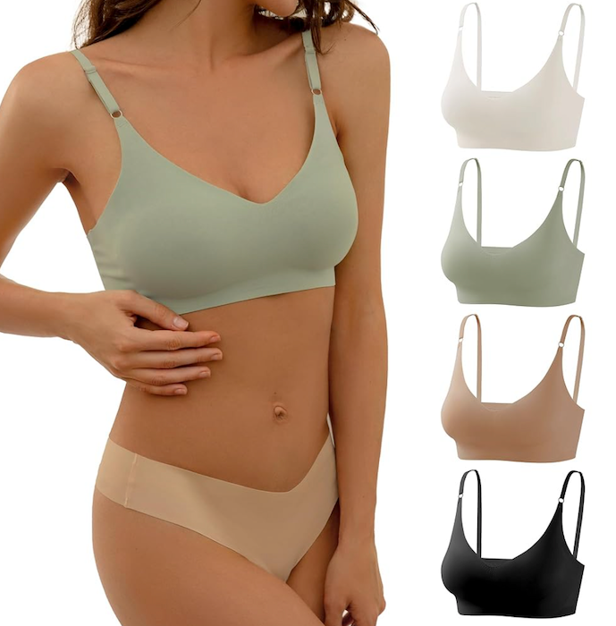 DEANGELMON V Neck Bra Padded Seamless Adjustable Straps Bralettes Everyday Basic Sleeping Bras Multiple Pack Size M