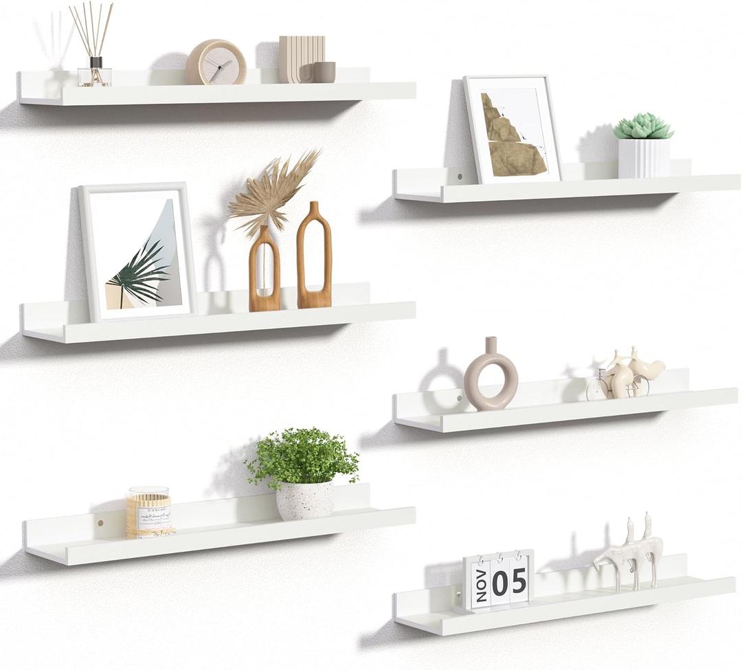 upsimples Floating Shelves for Wall, 23.6 Inch Shelves for Decor Storage Set of 6, Wall Mounted Wood Shelf for Bedroom, Living Room, Bathroom, Kitchen, Long Picture Ledge Shelves, White