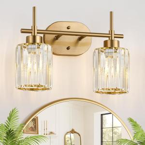 Modern Crystal Bathroom Vanity Light, 2-Light Brushed Gold Bathroom Light Fixtures with Clear Shades, Vanity Lighting Fixtures Over Mirror (Exclude Bulb)