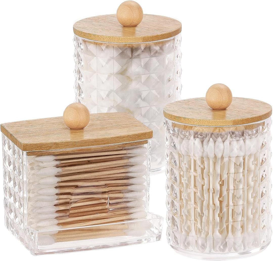 Tbestmax 3 Pack Qtips Holder Bathroom Container, 10/7 oz Cotton Ball/Swabs Dispenser, Apothecary Jar with Bamboo Lids for Bathroom Storage Organizer, Group C-Beige Wood
