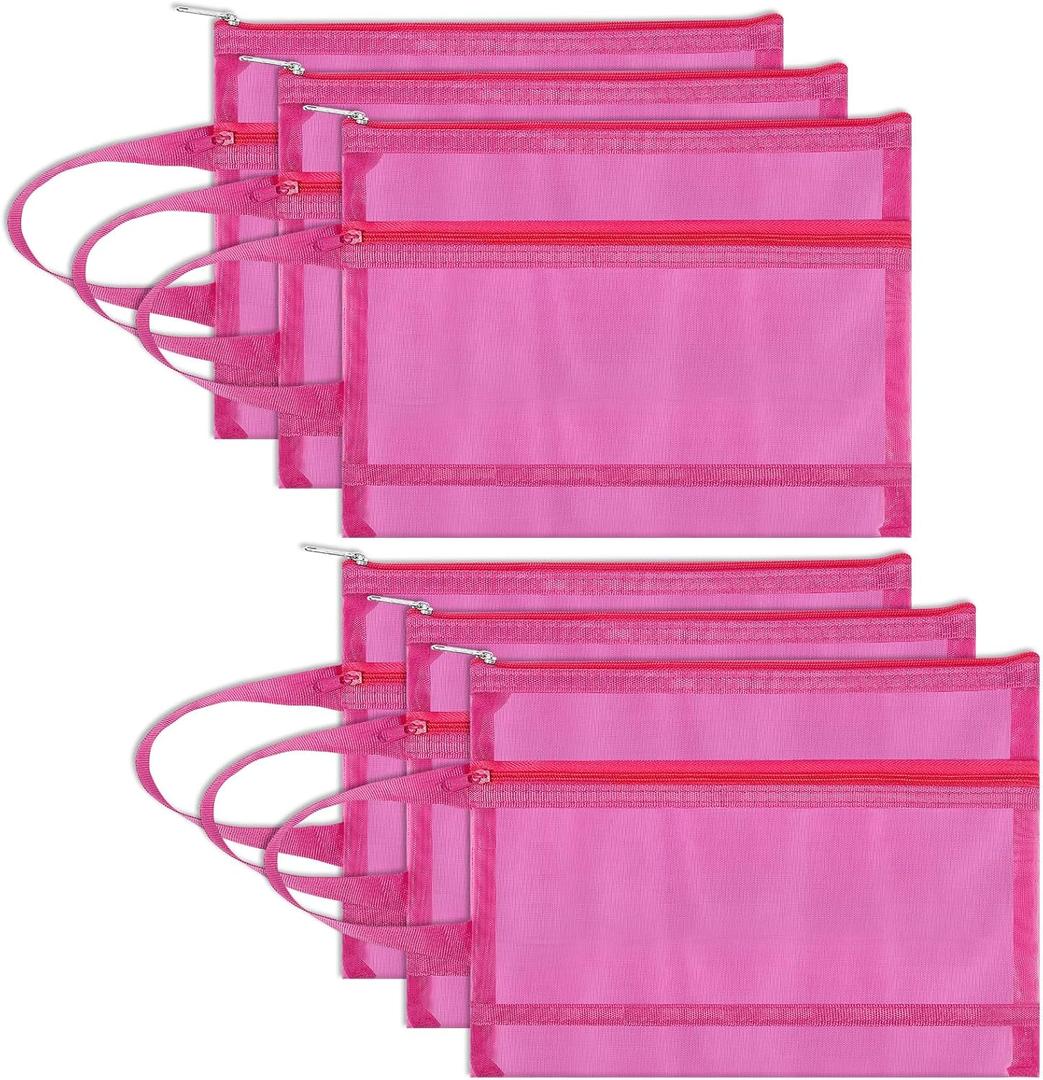 6 Pack Mesh Zipper Pouch Bags, Double Layer Nylon Pouch with Handle for Office Travel Organization (Hot Pink, A5)