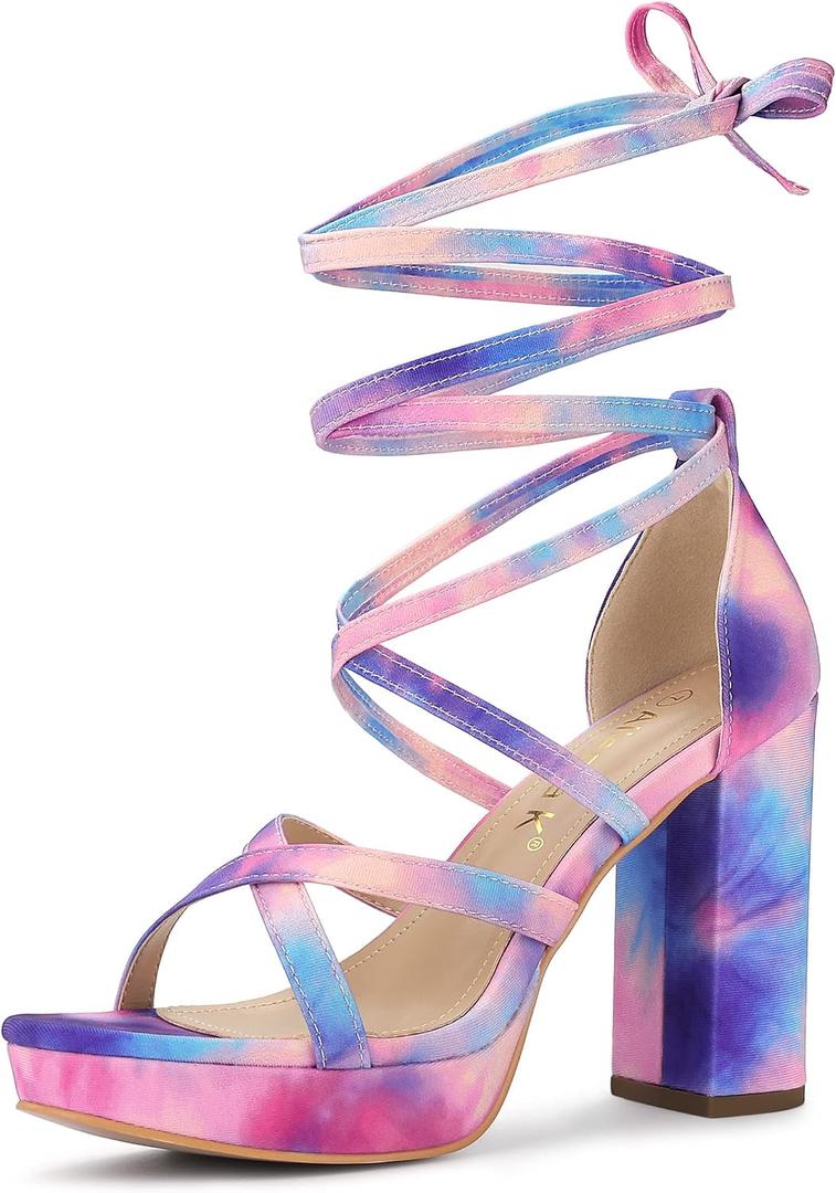 Allegra K Women's Tie Dye Platform Chunky Heel Lace Up Blue Pink Sandals 6 M US