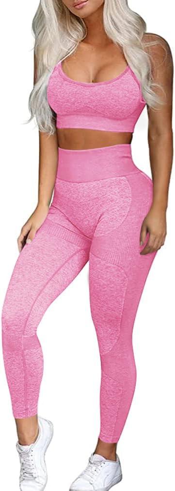 OLCHEE Womens Workout Sets 2 Piece - Seamless Yoga Leggings and Cross-Strap Sports Bra Gym Outfits Activewear Matching Set (Pink, L)