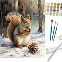 Wildlife Paint by Numbers Kit for Adults - DIY Squirrel in Snowy Forest Painting on Rolled Canvas 16x20 Inches, Acrylic Paint Set, Suitable for Beginners, Art for Home Decoration or Gifts