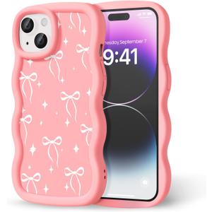 Compatible with iPhone 14 Plus Case for Women Girls, Curly Wavy Frame with Cute Pattern, Aesthetic Slim Soft Silicone TPU Bumper Shockproof Phone Case for iPhone 14 Plus - Bowknot Star