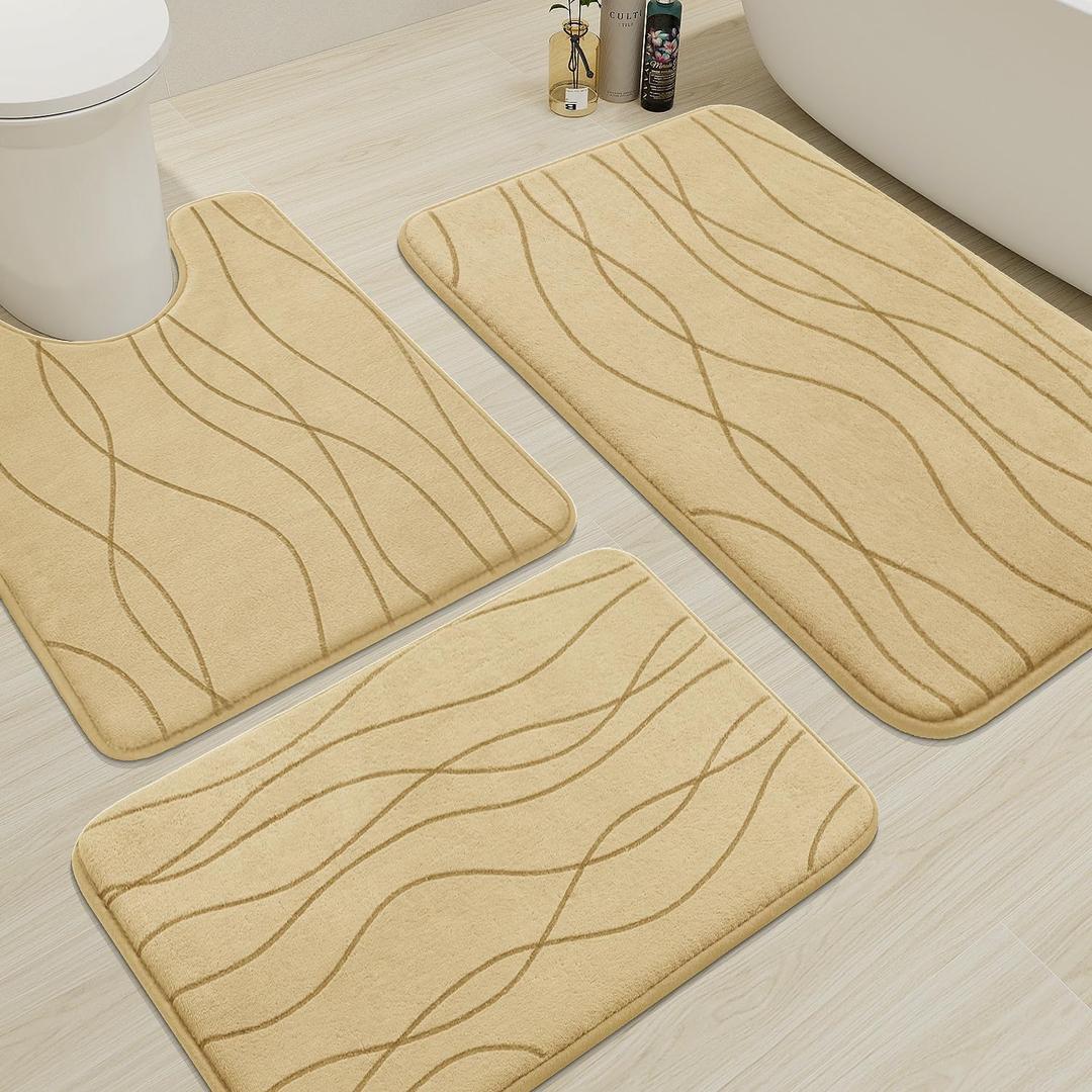 YIHOUSE Memory Foam Bathroom Rug Sets 3 Piece, Ultra Absorbent Bath Mat for Bathroom - Non-Slip Machine Washable & Dry Quickly, 3 Piece Bathroom Mat Set, Beige (1'8" x 2'8")