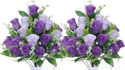 Artificial Rose Flowers Bouquet Realistic Silk Rose Fake Flowers for Wedding Home Centerpieces Party Cemetery Grave Decoration (4 Bouquets, Purple)
