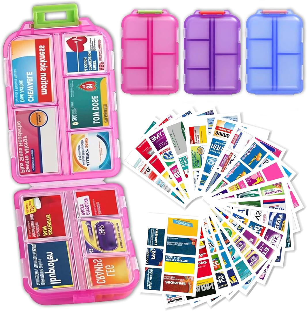 Pill Organizer with Medicine Labels, Travel Daily Pill Container, Mini Medication Organizer, 7-Day Pill Case, Set of 3 (Blue+Pink+Purple) (Standard)