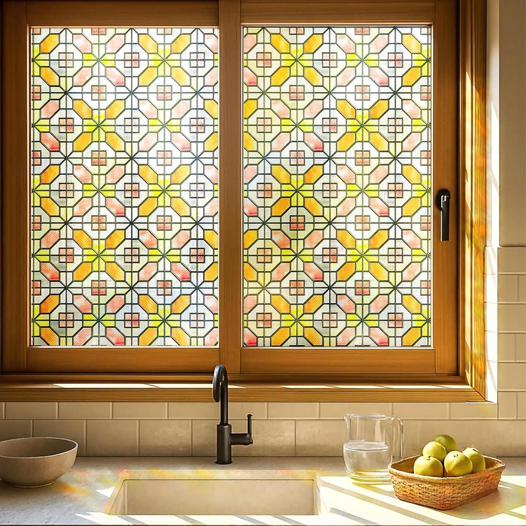 3D Stained Glass Window Film, Decorative Window Privacy Film for Bathroom,Front Door,Home, Sun Blocking Heat Control,Static Cling,Grid Order 23.6inch x 35.4inch