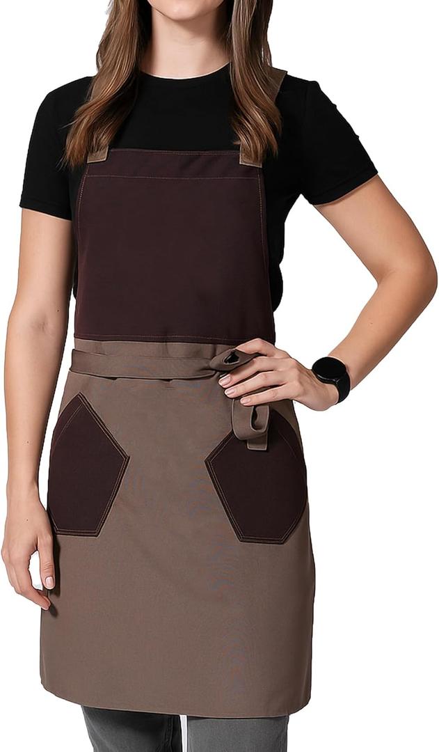 Chef Aprons for Men Women with 2 Pockets Professional Adjustable Cotton Kitchen Grill Apron for Cooking BBQ Baking (Brown/Wine Red)