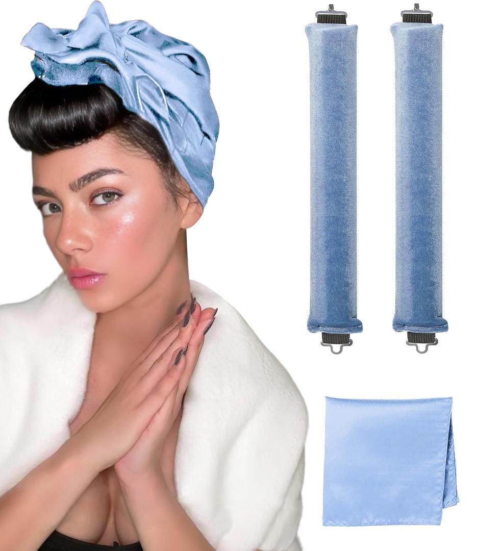 2 x Classic Heatless Curls Overnight Rods No Heat Hair Curlers to Sleep Jumbo Foam Large Hair Rollers for Long Short Hair Heatless Curling Rod Set Styling Tools with Satin Scarf Blue