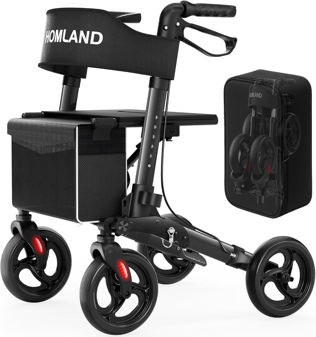 Foldable Walkers for Seniors with Seat, Height Adjustable Rollator Walker, 8" Big Wheels Rolling Walker for All Terrain, Aluminum Lightweight Walker. (Black)
