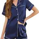 Silk Pajamas for Women Short Sleeve Sleepwear Soft Button Down Loungewear 2 Piece Satin Pjs Shorts Set (Blue, M)