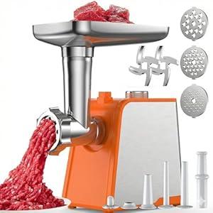 Oaomi 3200W Max Electric Meat Grinder & Sausage Stuffer - Mincer Machine with Tool 2 Blade And 3 Plates, 3 Tubes & Kubbe Kit Tool for Home Kitchen Use (Orange)