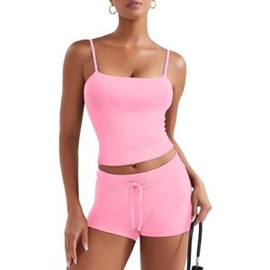 YEOREO Womens 2 Piece Lounge Sets Tank Tops Cami Shorts Matching Sets Summer Outfits Elastic Waist Built-in Bra, Small