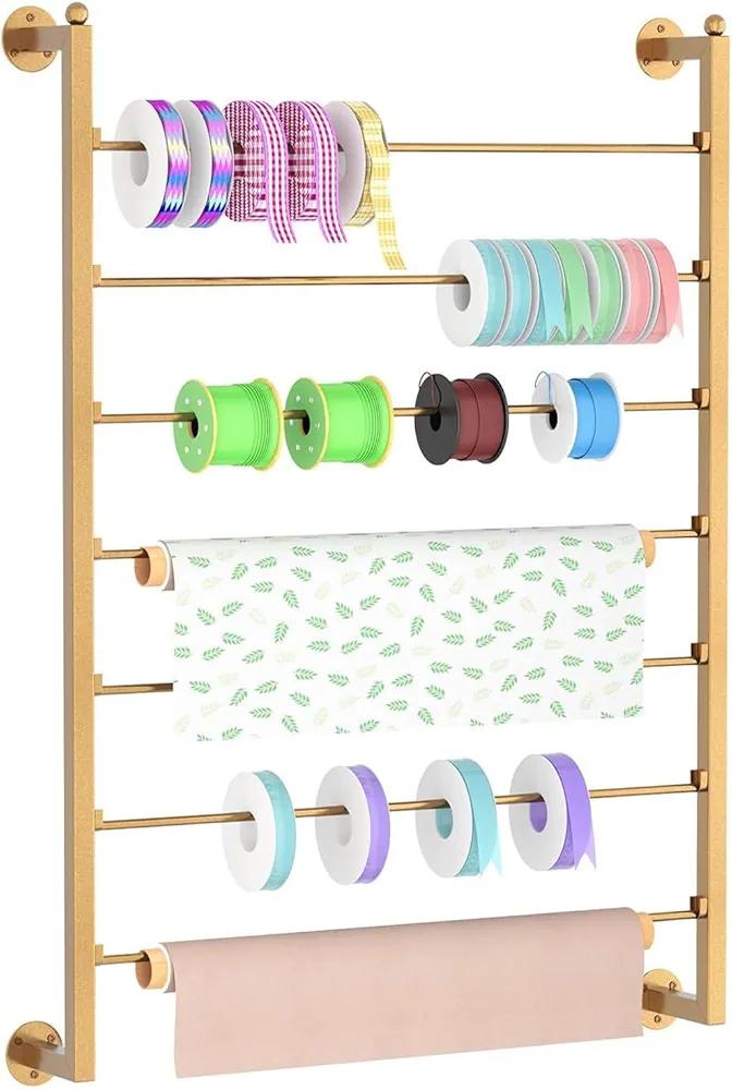 7 Tier Metal Ribbon Holder Organizer Rack, Wall Mounted Ribbon Rack Display Shelf Spool Holder Storage Organizer, for Craft Room, Flower Shop,Cake Shop (Gold)