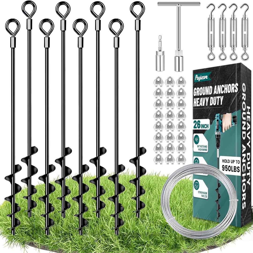 26" Ground Anchors Heavy Duty Shed Anchors Kit, Mobile Home Anchor Earth Anchor with 3/16" Galvanized Cable and Turnbuckles for Sheds Canopy Gazebo Trampoline Swing Set(8x26in)