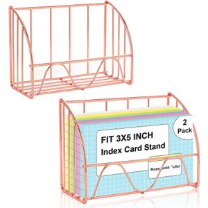 2 PCS Index Card Display Stand 3x5 Inch Business Card Stand Gold Metal Index Card Holder Greeting Cards Holders Capacity 200 Sheets Business Cards Organizer Desk Table Home Office (Rose Gold)