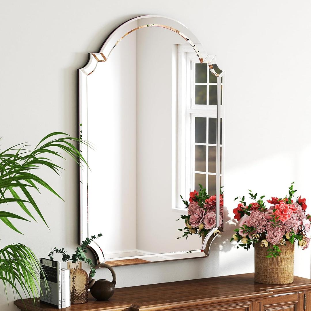 Chende 26" x 38" Arched Decorative Wall Mirror, Living Room Mirror for Decor with Glass Beveled Edge, Modern Bathroom Mirror Above Sink