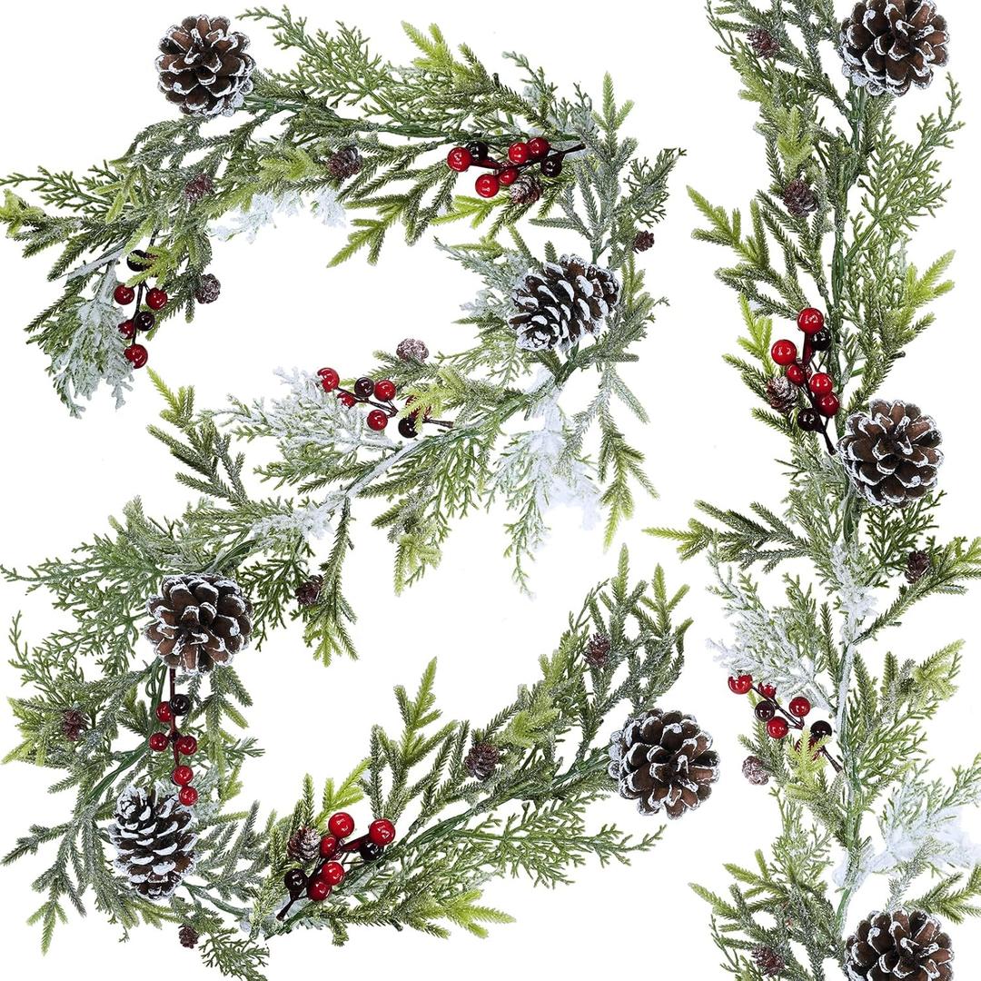 Winlyn 2 Pack 6' Snowy Artificial Pine and Cedar Christmas Garland Pine Cones Red Berries Winter Greenery Garland Christmas Wedding Winter Seasonal Holiday Table Runner Centerpiece Mantel Decoration