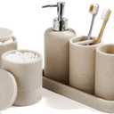 Bathroom Accessories Set, 6-Piece Bathroom Accessory Set, Toothbrush Holders Set, Soap Dispenser, Vanity Tray, Tumbler, Cotton Swab Jars, Bathroom Organizer for Modern Bathrooms(Beige)