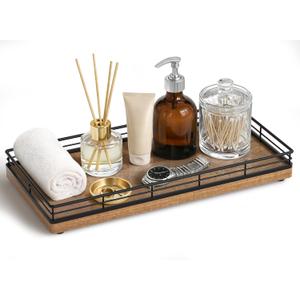 Bathroom Vanity Tray for Countertop, 12" x 6" Acacia Wood Toilet Tank Tray with Metal Guardrail, Bathroom Organizer for Soap, Perfume & Skincare, Non-Slip Decorative Tray for Dresser, Black & Acacia
