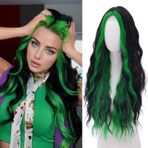 Green Wig - Black and Green Wigs for Women Long Natural Wavy Synthetic Wig Heat Resistant Fiber Wigs for Daily Party Halloween Cosplay (28 Inch)