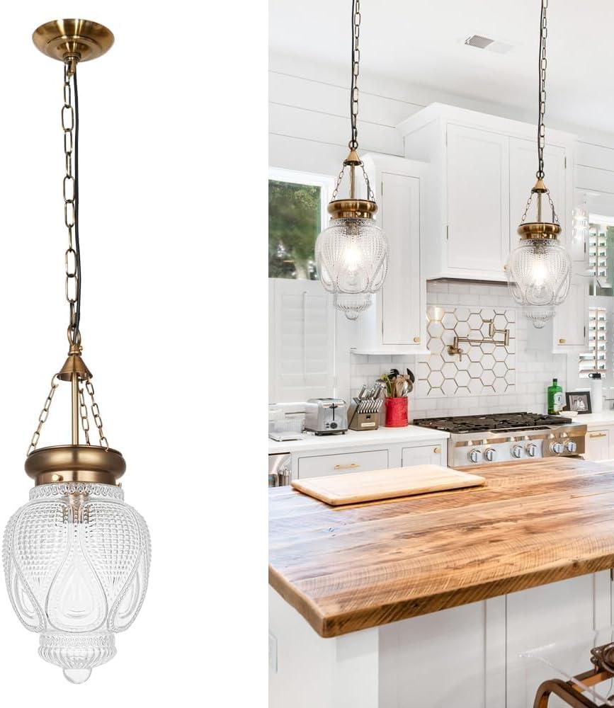 Farmhouse Brushed Pendant Light, Vintage Brass Gold Pendant Lights Kitchen Island, Pendant Lighting for Island, Kitchen Island Lighting Over Sink, Modern Clear Glass Pendant Light, Height Adjustable
