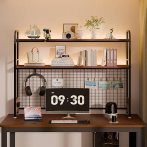 2-Tier Desktop Hutch Bookshelf with LED Light Strip & Power Outlet,Metal Grid Panel, Countertop Storage Rack for Office & Dorm, Space-Saving Desk Organizer for Monitor, Books & Decor, Black, 37.4 Inch