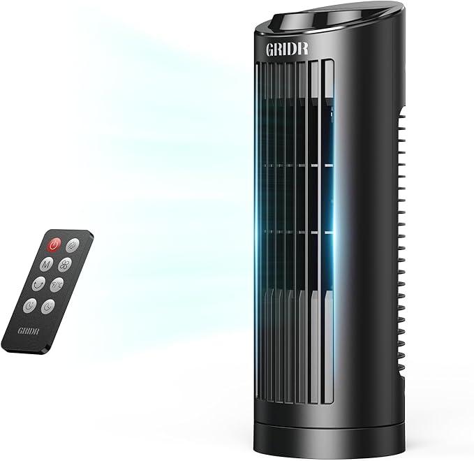 GRIDR 13" Bladeless Tower Fan with 3 Speeds, 4 Mode (AI, Normal, Natural, Sleep), Touch Screen + Remote Control, 12H Timer, 80° Oscillation, Fast Cooling, Desk Fan for Bedroom Home Office Desktop