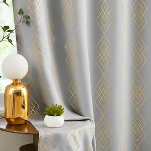 100% Blackout Curtains for Berdoom, Gold on Grey Metallic Geometric Diamond Pattern Curtains 84 Inches Long Living Room Darkening Thermal Insulated Drapes Grommet Top Window Curtain, 2 Panels