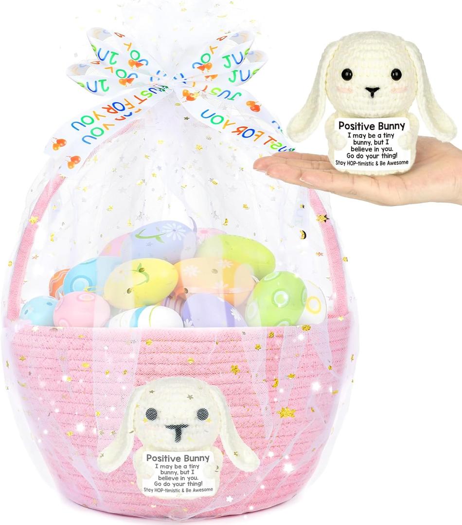 Personalized Easter Basket with Positive Crochet Bunny & Gift Bags & Ribbons, Cute Doll Plush Bag Empty Egg Storage Basket for Kids Boys Girls Easter Gifts Party Decorations (Woven-Pink)