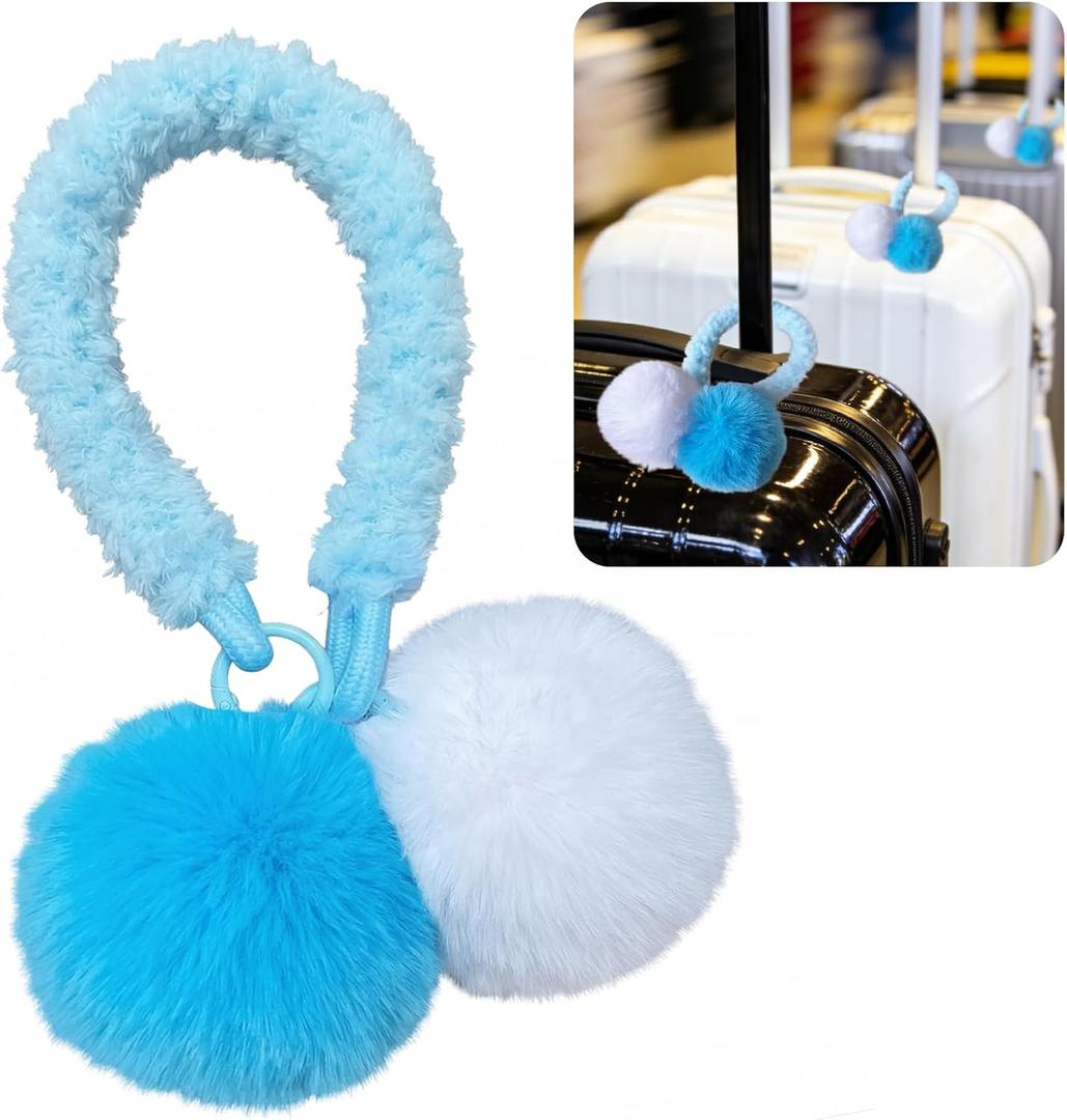 Pom Pom Luggage Identifiers for Suitcases, Neon Fluffy Bag Charms with Heavy Duty Braided Rope, High Visibility Suitcase Markers, Travel Essentials for Easy Identification (Blue)