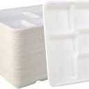 Vplus 100% Compostable 5 Compartment Plates 125 Pack Eco-Friendly Disposable Sugarcane 10 x 8 inch Bagasse School Lunch Tray Perfect for Boys and Girls