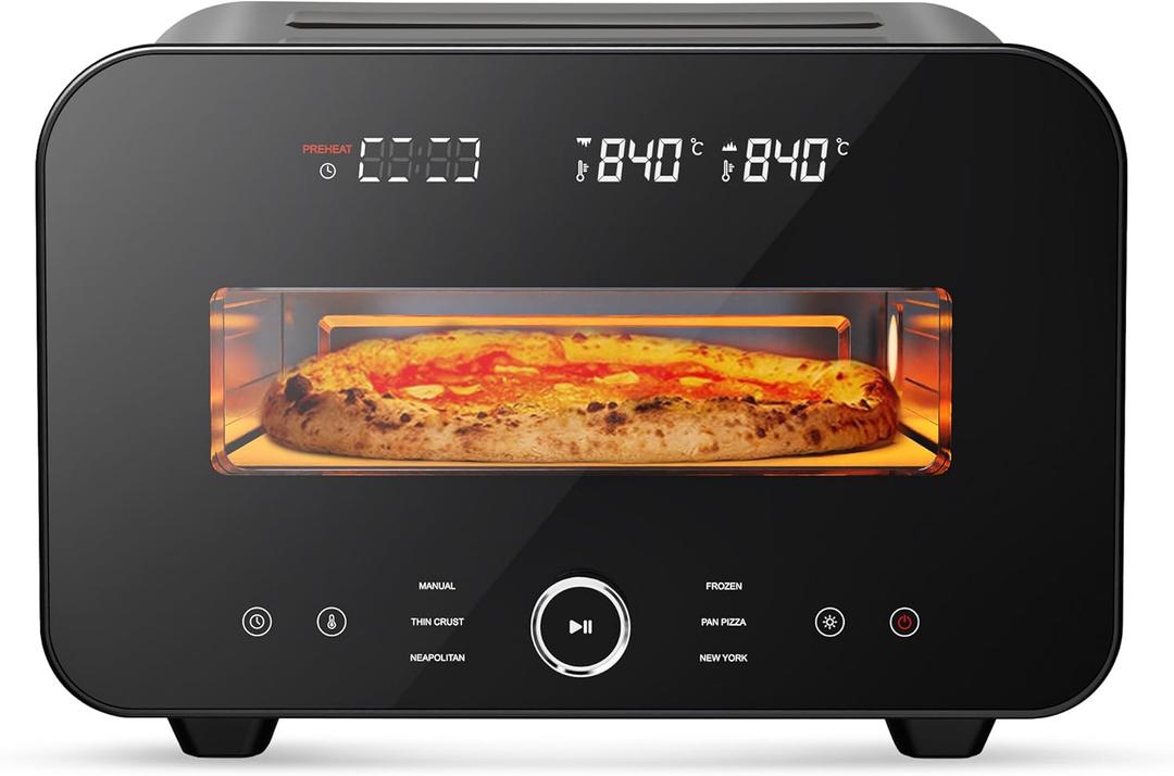 Pizza Oven Indoor, Makes 12 Inch Pizzas in 90 Seconds, 840F Countertop Electric Pizza Maker with 6 Preset Modes, Pizza Stone, Peel & Touchscreen Controls - Stainless Steel