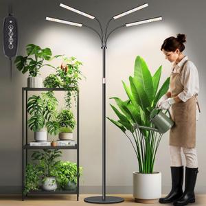 LBW Grow Lights for Indoor Plants, 75" Tall Plant Grow Light, Full Spectrum Grow Light with Stand, 6/8/12/16H Timer, 3 Color Modes, 360Flexible Gooseneck, 4 Heads, Black