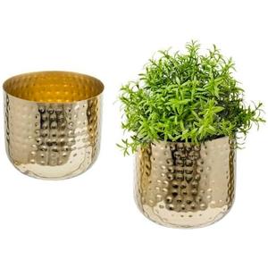 MyGift Modern Hammered Brass Plated Metal Planter Pots  Set of 2 Indoor Plant Containers, 6 & 5-Inch Cylindrical Metallic Planters  Handcrafted in India