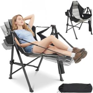 Hammock Camping Chair with Removable Footrest, 400lbs Heavy Duty Portable Swing Chair Outdoor with Adjustable Back, Foldable Camping Chair with Headrest and Cup Holder for Camping, Patio, Lawn