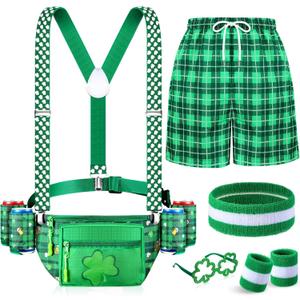 St Patricks Day Accessories Leprechaun Costume Green Fanny Pack with Drink Holder Irish Shamrock Shorts for Men(Plaid,M)