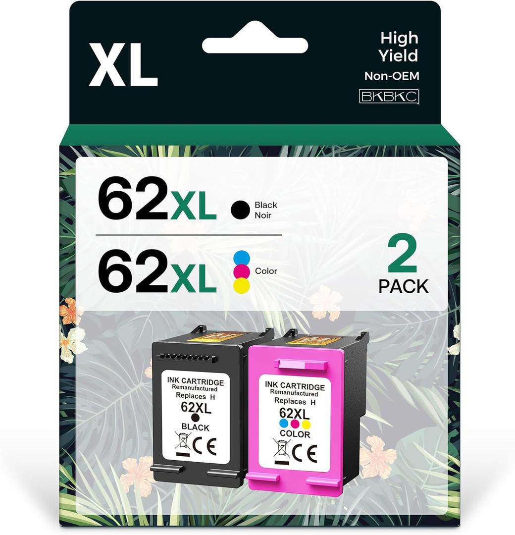 Compatible 62XL Ink Cartridge Replacement for HP Envy 5540 5549 5640 5660 7640 OfficeJet Mobile 250 200 OfficeJet 5740 5741 8040, Black, Tri-Color, 2-Pack
