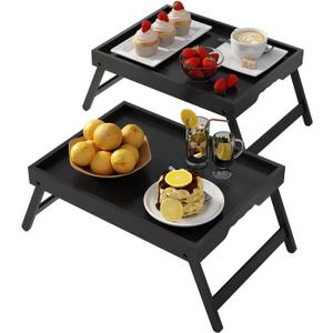 Bed Tray Table with Folding Legs,Bamboo Breakfast in Bed for Kitchen Serving Tray,Sofa,Eating,Used As Laptop Desk Snack Tray 2 Pack (Black) (Medium)