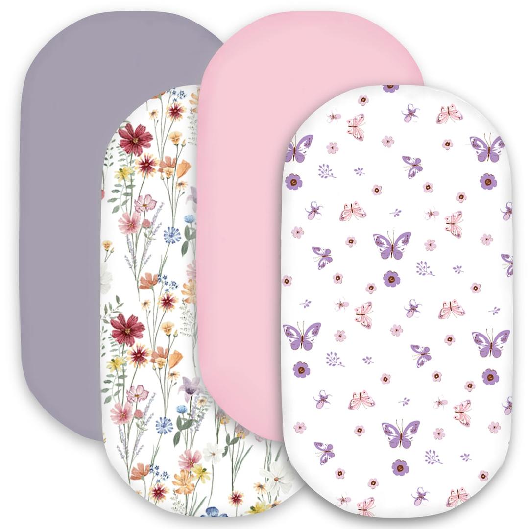 bimocosy Bassinet Sheet, 4 Pack Bassinet Sheets for Baby Girls Boys, Soft Baby Bassinet Fitted Sheets Neutral for Standard Bassinet Mattress, Size 32 x 16 x 4 Inches, Butterfly/Floral/Pink/Purple