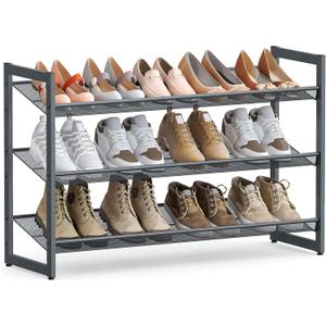 SONGMICS Shoe Rack, 3-Tier Shoe Organizer, Metal Shoe Storage for Garage, Stackable Shoe Shelf, with Adjustable Flat or Angled Shelves, 9-12 Pairs, Charcoal Gray ULMR03GB