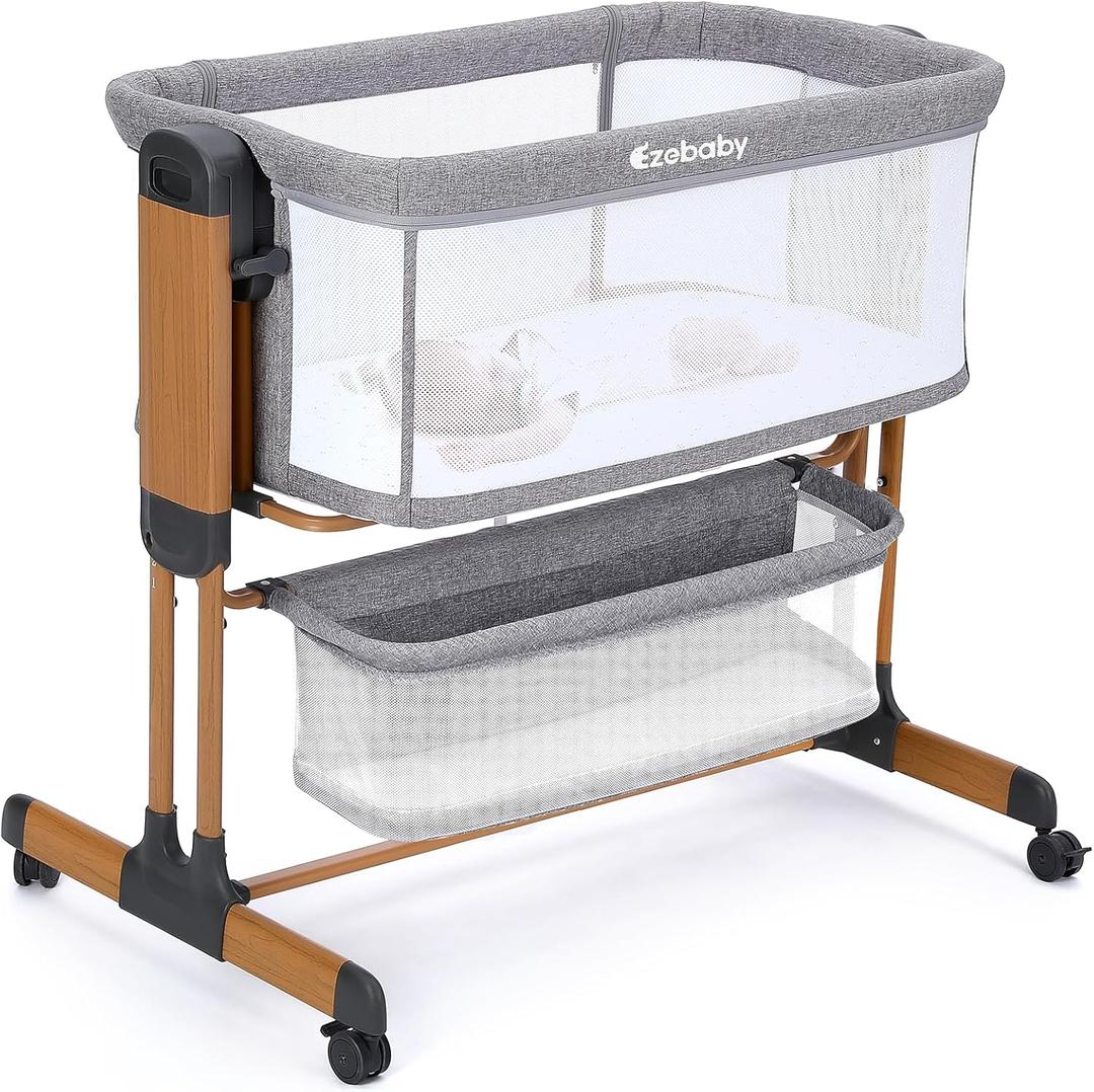 Ezebaby 3-in-1 Baby Bassinet, Rocking Baby Bassinets Bedside Sleeper, Adjustable Portable Crib for Newborn Infant with Wheels Storage Basket and Mesh Sides (Mid Gray)